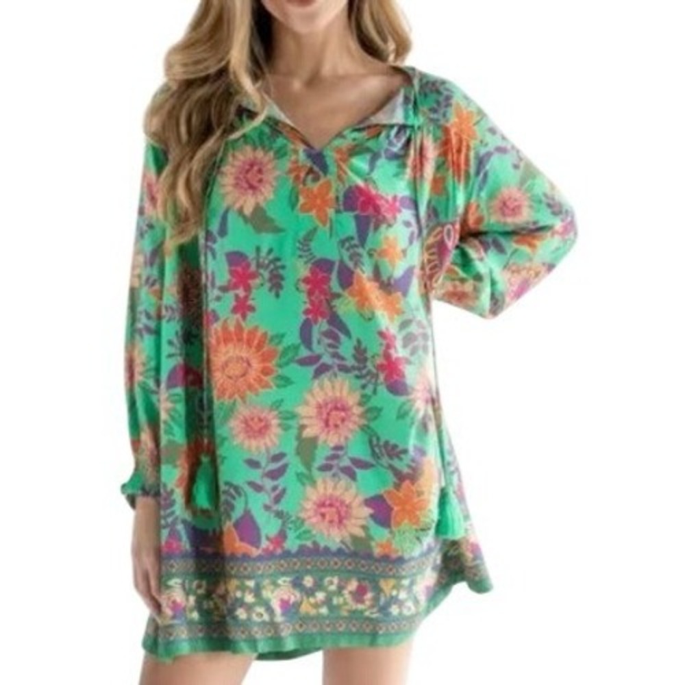 Natural Life Dara Tunic Dress XS Green Floral Boho Summer Spring Resort Hippie